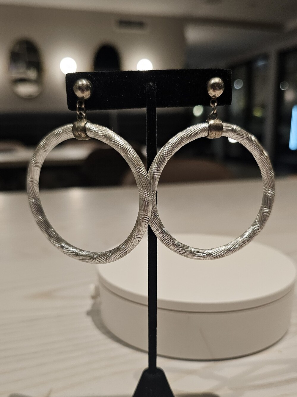 Vintage Silver Tone Textured Oversized Hoop Statement Earrings